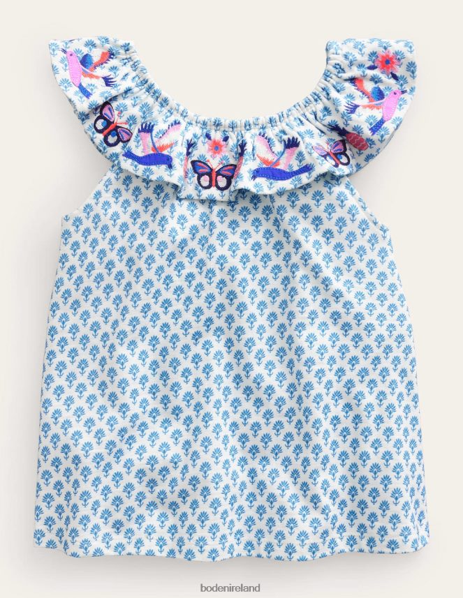 Blue Woodblock Butterflies Clothing Frill Embroidered Top Boden Baby L466L6410