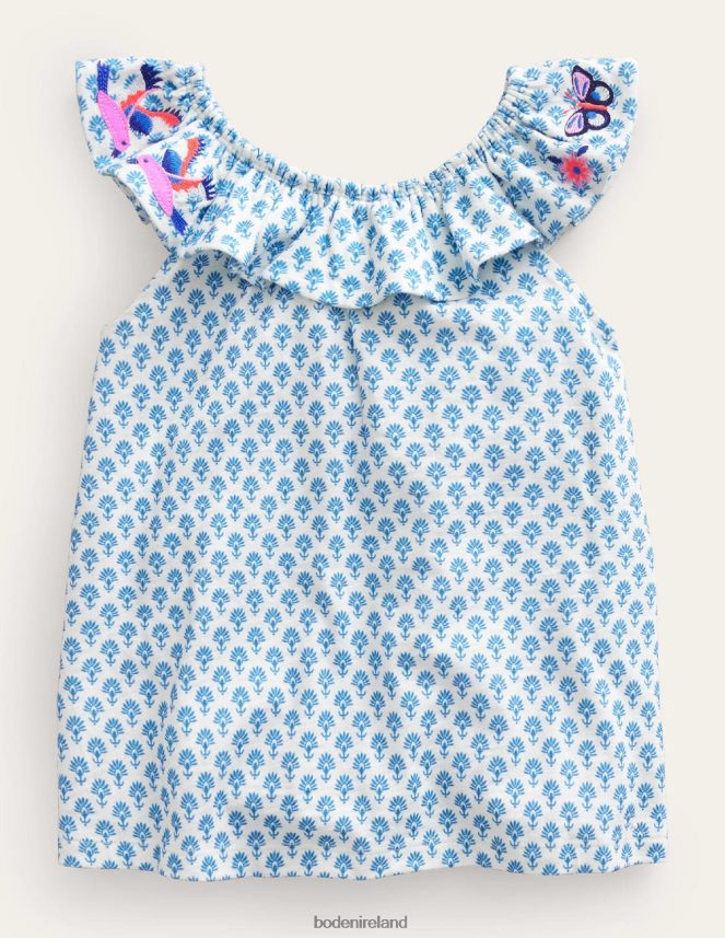 Blue Woodblock Butterflies Clothing Frill Embroidered Top Boden Baby L466L6410