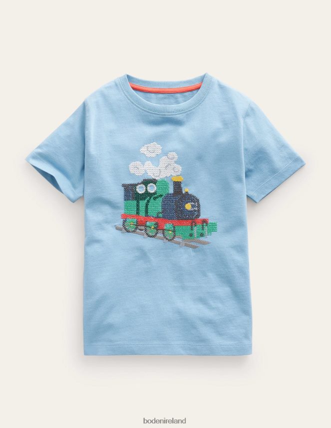 Pebble Blue Train Clothing Cross-Stitch Cotton T-Shirt Boden Boys L466L6860