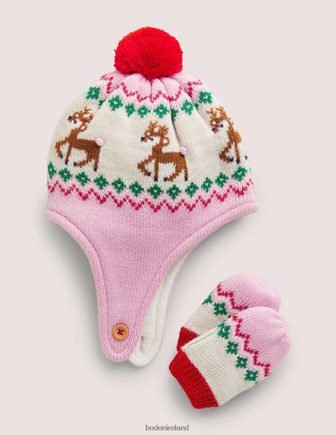 Fair Isle Pink Accessory Novelty Hat and Mittens Set Boden Girls L466L63135