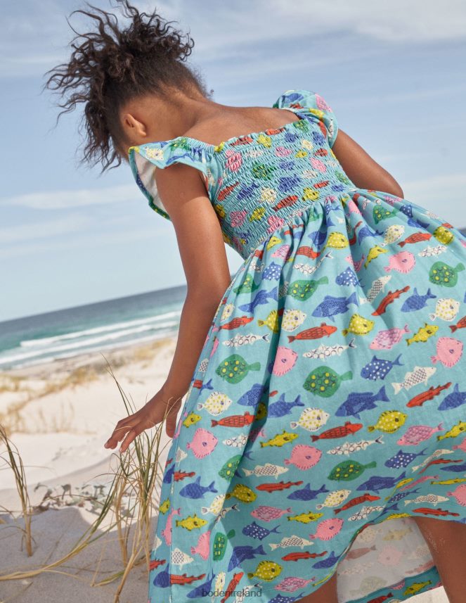 Aqua Sea Blue Fish Clothing Shirred Jersey Midi Dress Boden Girls L466L63040