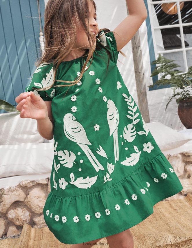 Green Pepper Birds Clothing Puff Sleeve Embroidered Dress Boden Girls L466L63158