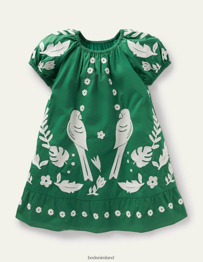 Green Pepper Birds Clothing Puff Sleeve Embroidered Dress Boden Girls L466L63158