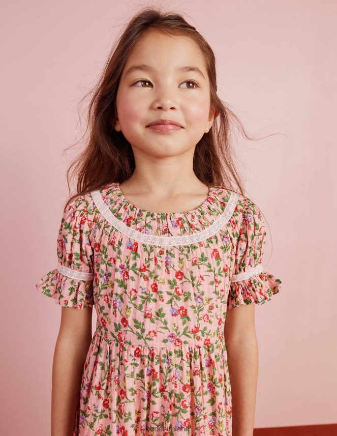 Rambling Rose Pink Clothing Printed Lace Trim Party Dress Boden Girls L466L62925