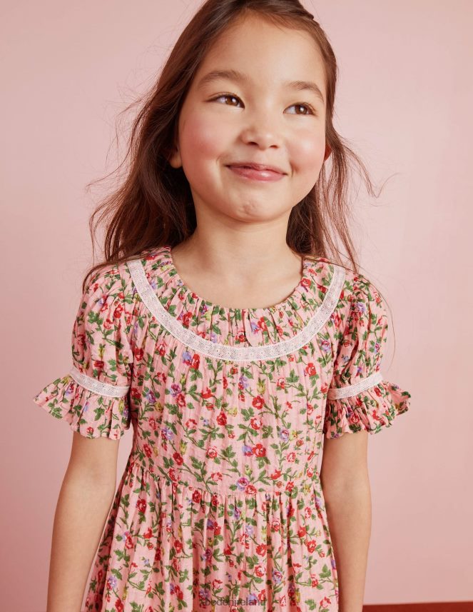 Rambling Rose Pink Clothing Printed Lace Trim Party Dress Boden Girls L466L62925