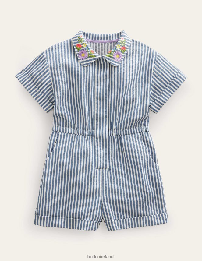 Blue Ticking Stripe Clothing Embroidered Playsuit Boden Girls L466L62790