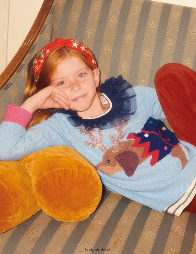 Dusty Blue Dog Cracker Clothing Festive Dog Print Christmas Jumper Boden Girls L466L63120