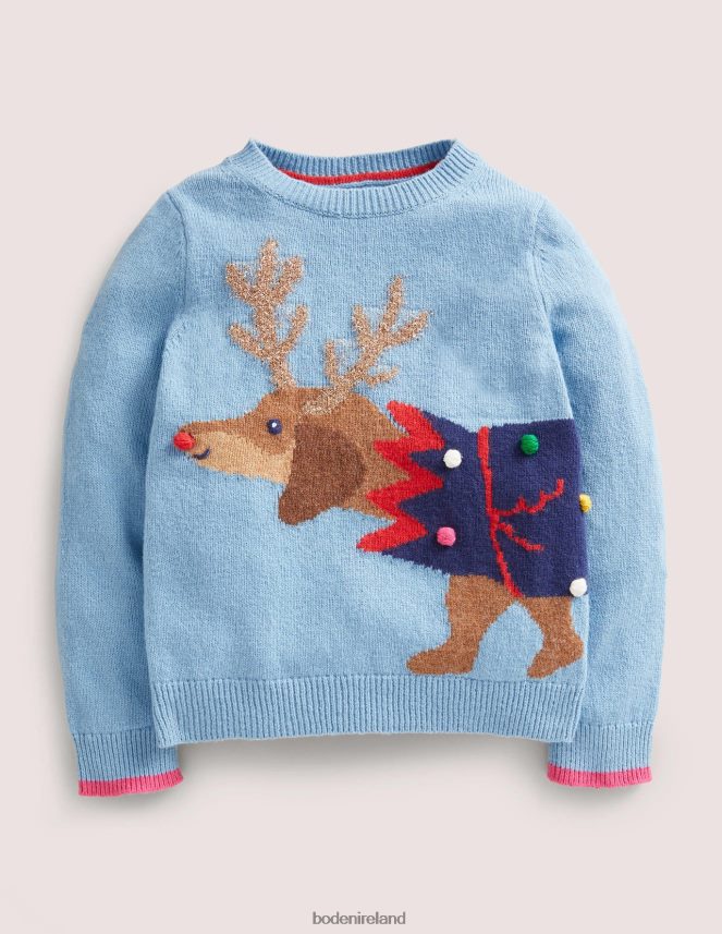 Dusty Blue Dog Cracker Clothing Festive Dog Print Christmas Jumper Boden Girls L466L63120