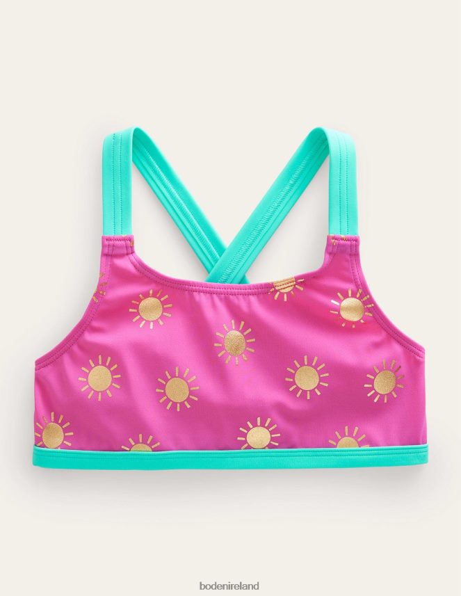 Tickled Pink Gold Foil Suns Clothing Cross Back Bikini top Boden Girls L466L63003