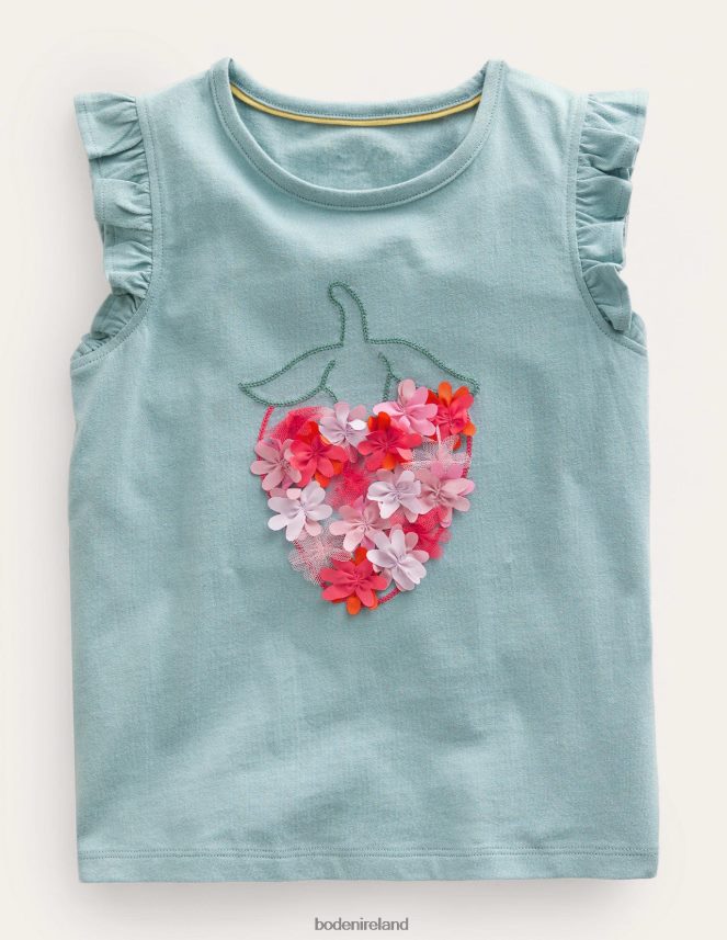 Tourmaline Blue Strawberry Clothing Embroidered Flutter Top Boden Girls L466L62887