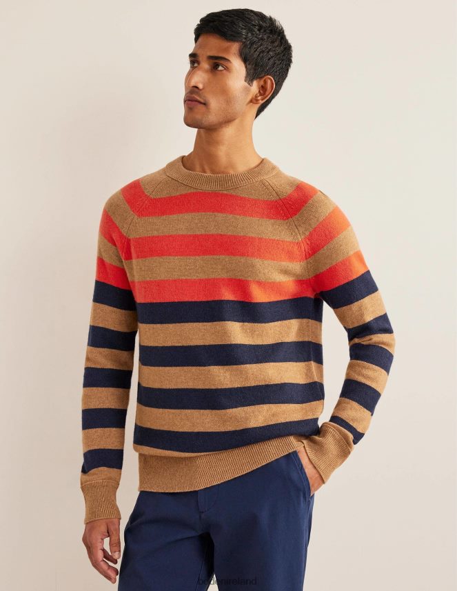 Camel Melange Multi stripe Clothing Raglan Crew Neck Jumper Boden Men L466L63589
