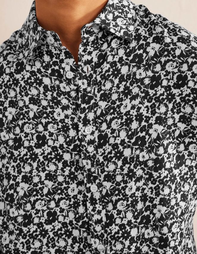 Black and Ecru Floral Clothing Cutaway Collar Linen Shirt Boden Men L466L63524
