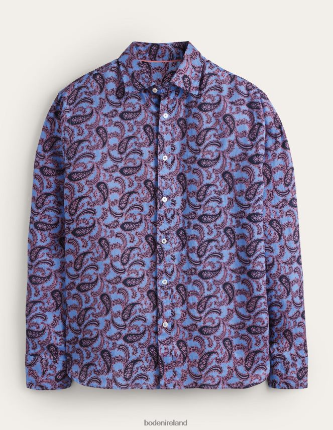 Bright Blue Paisley Clothing Cutaway Collar Linen Shirt Boden Men L466L63495
