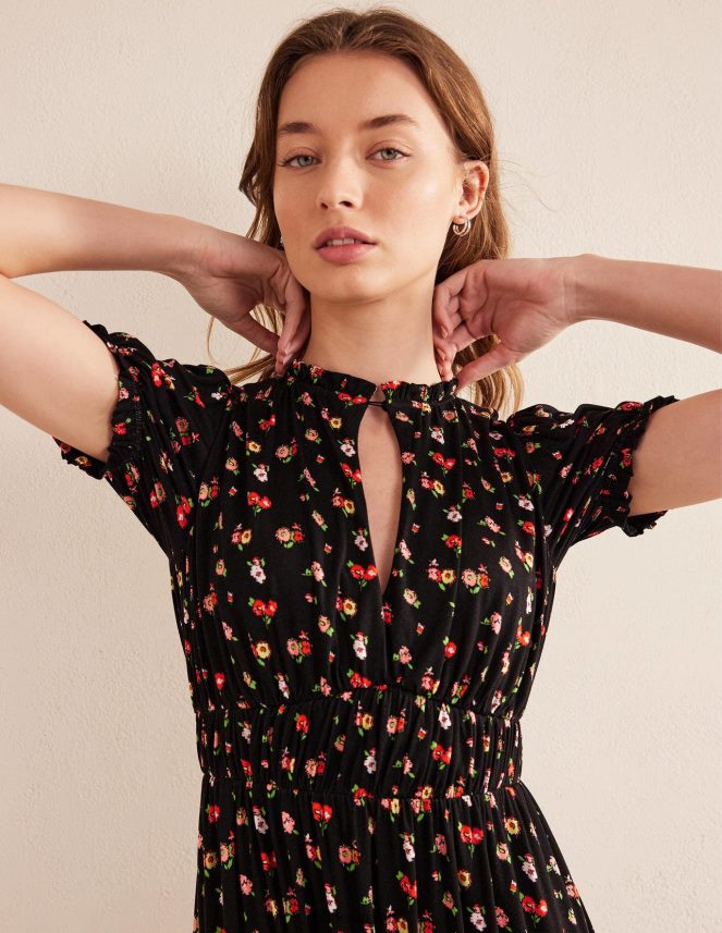 Black & Dainty Sprig Clothing Ruched Jersey Midi Tea Dress Boden Women L466L61729