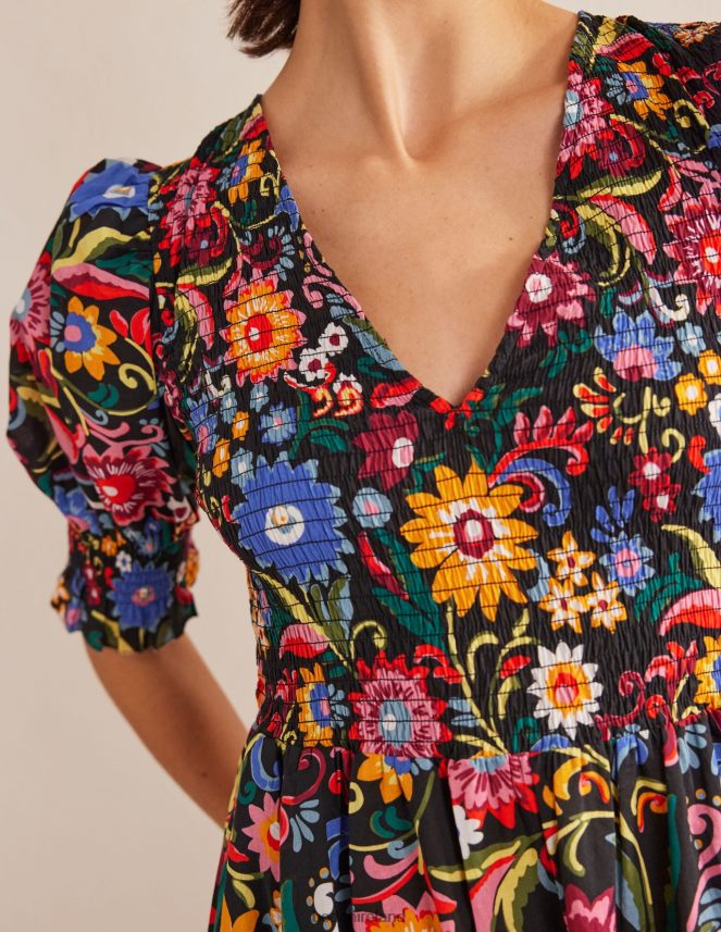 Black & Gardenia Pop Clothing Smocked Bodice Midi Dress Boden Women L466L62388