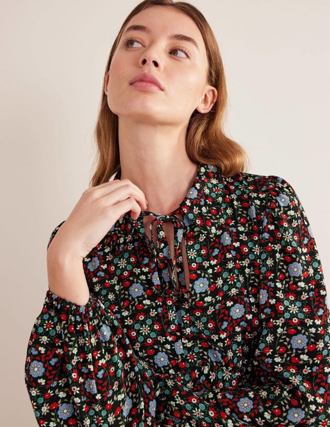 Black & Gardenia Swirl Clothing Tie Neck Shirt Dress Boden Women L466L61559