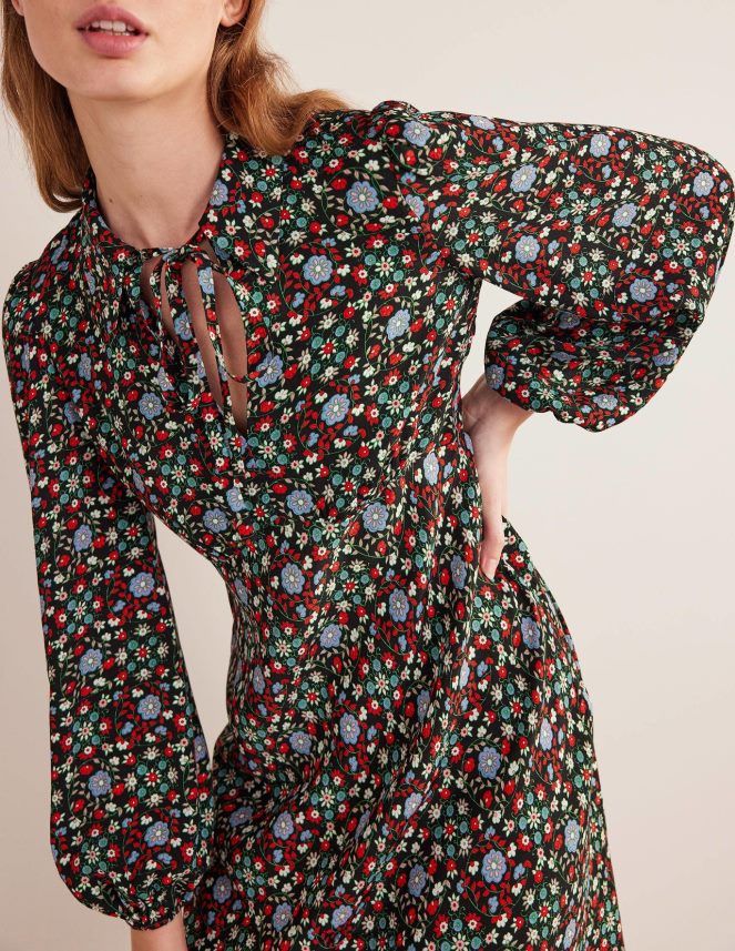 Black & Gardenia Swirl Clothing Tie Neck Shirt Dress Boden Women L466L61559