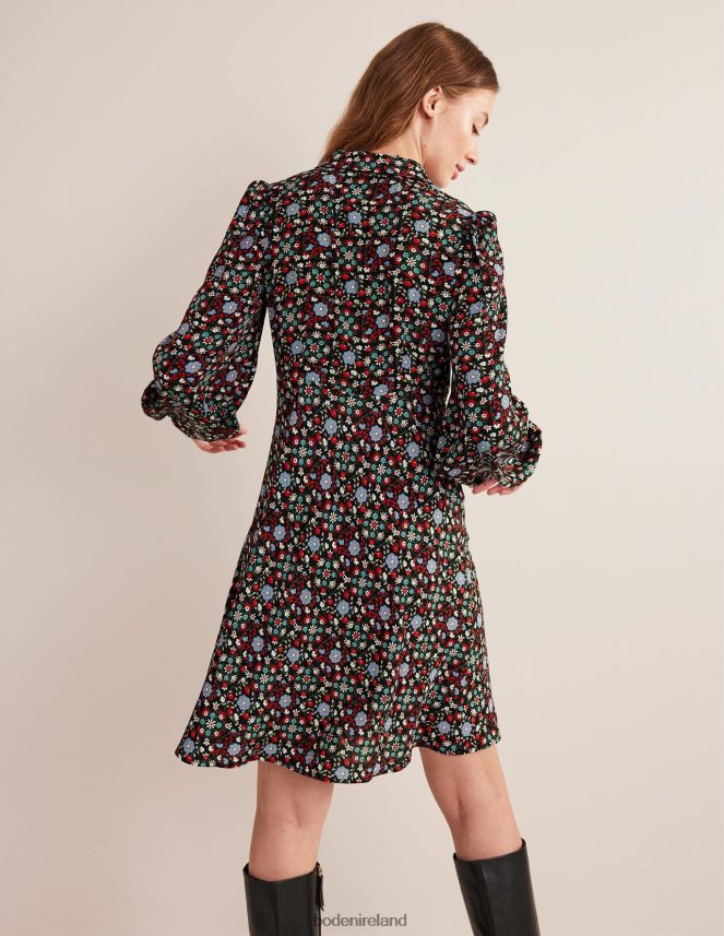 Black & Gardenia Swirl Clothing Tie Neck Shirt Dress Boden Women L466L61559