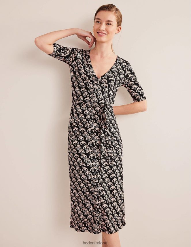 Black & Passion Stamp Clothing Button Front Jersey Midi Dress Boden Women L466L61529