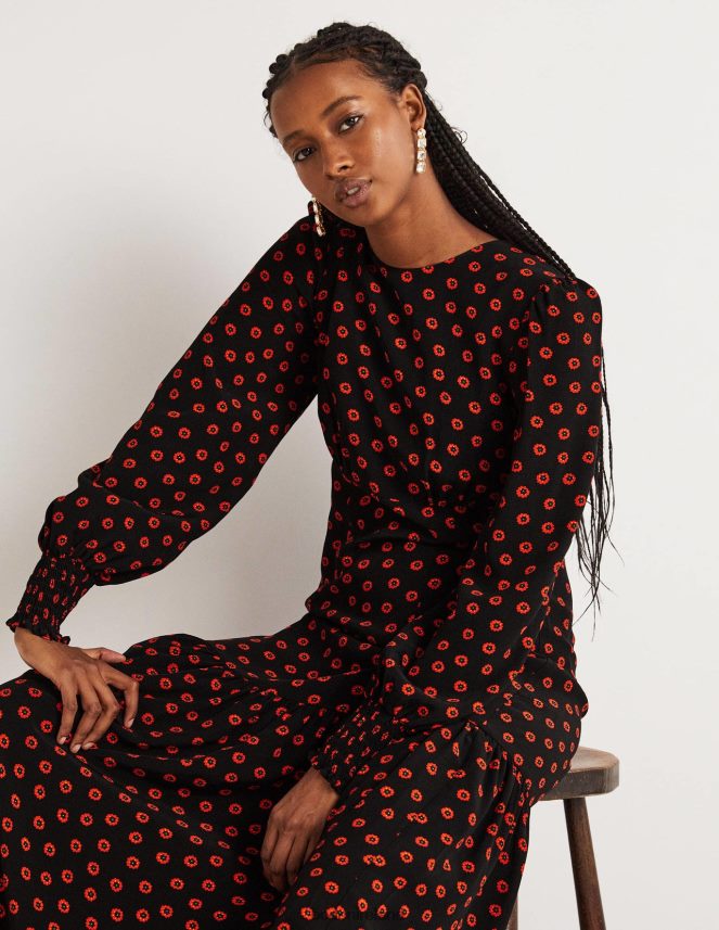 Black & Petunia Bud Clothing Smocked Cuff Maxi Tier Dress Boden Women L466L61732