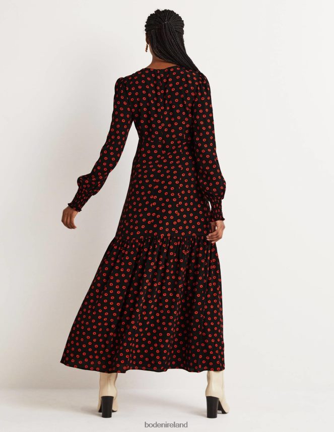 Black & Petunia Bud Clothing Smocked Cuff Maxi Tier Dress Boden Women L466L61732