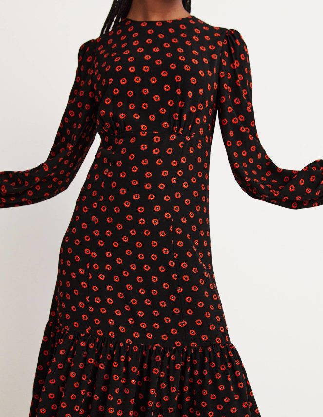 Black & Petunia Bud Clothing Smocked Cuff Maxi Tier Dress Boden Women L466L61732