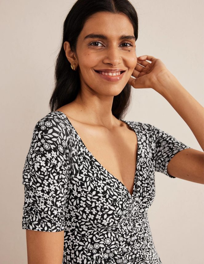 Black & Sunflower Pop Clothing Ruched Front Jersey Midi Dress Boden Women L466L61616