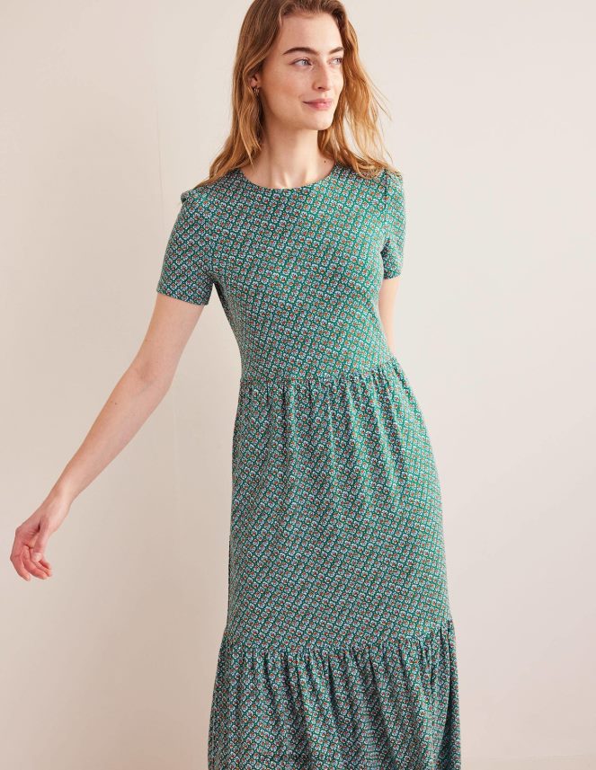 Bottle Green & Bloom Bud Clothing Tiered Easy Jersey Midi Dress Boden Women L466L61016