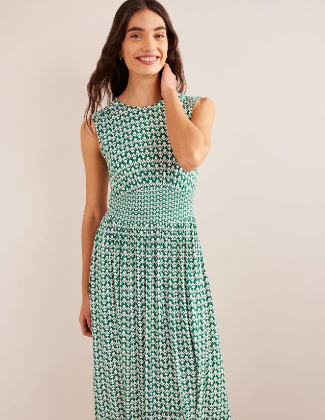 Bottle Green & Tulip Pop Clothing Waist Detail Jersey Midi Dress Boden Women L466L62175
