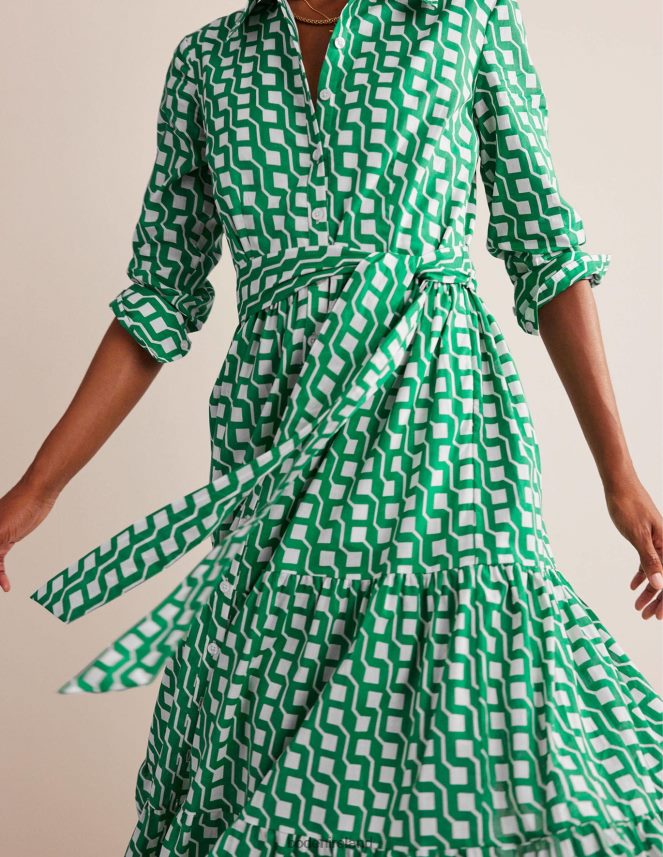 Bright Emerald & Cube Geo Clothing Tiered Cotton Maxi Shirt Dress Boden Women L466L620