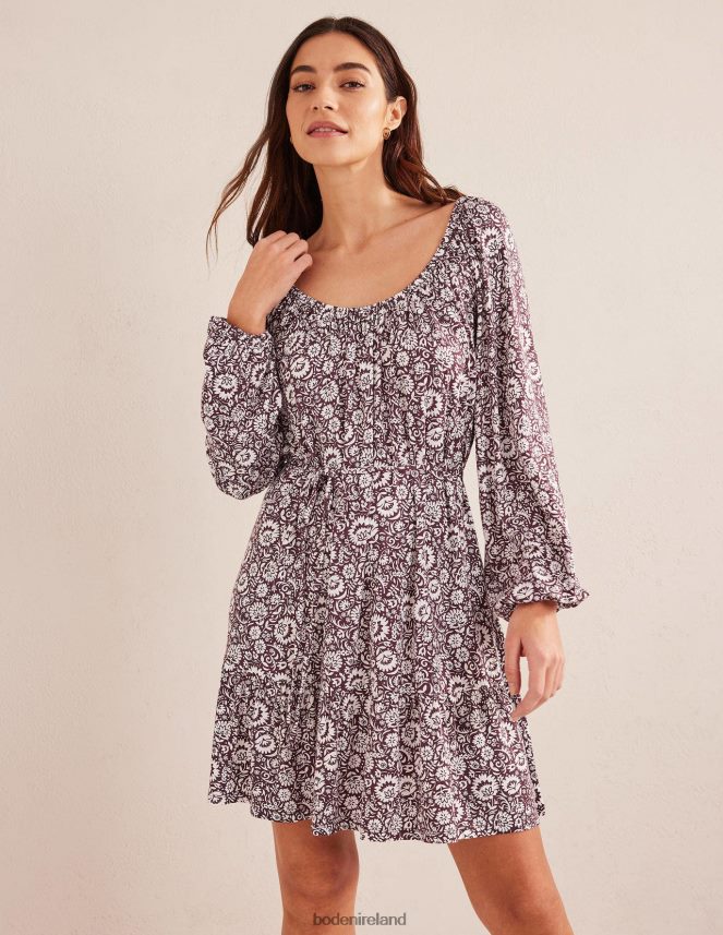 Dark Burgundy & Bloom Cascade Clothing Scoop Tiered Jersey Mini Dress Boden Women L466L61420