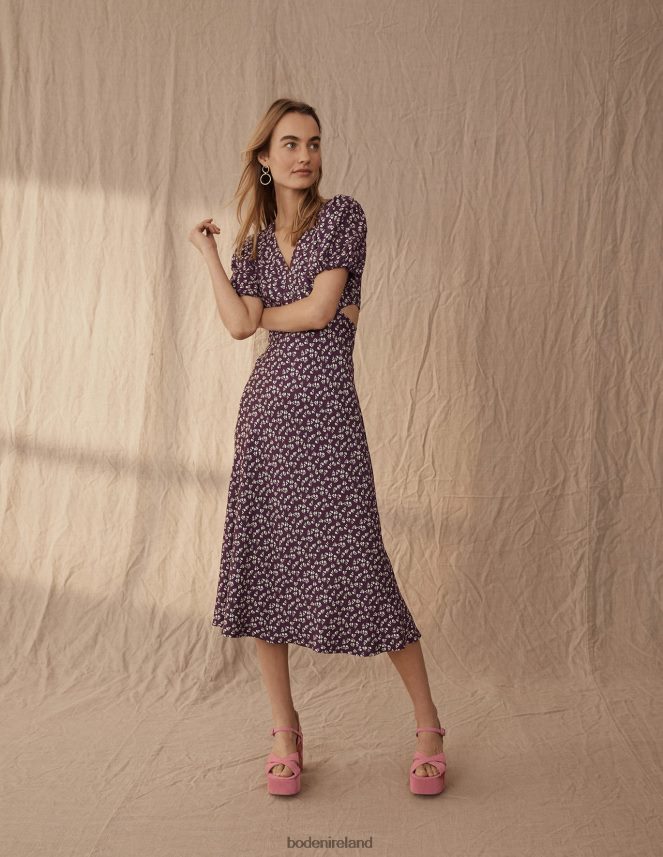 Dark Burgundy & Sweet Daisy Clothing Cut Out Midi Tea Dress Boden Women L466L62612