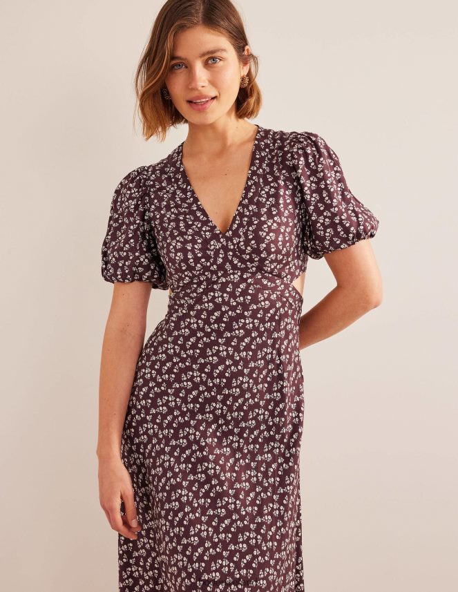 Dark Burgundy & Sweet Daisy Clothing Cut Out Midi Tea Dress Boden Women L466L62612