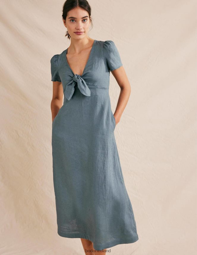 Deep Sea Blue Clothing Tie Front Linen Midi Dress Boden Women L466L6586