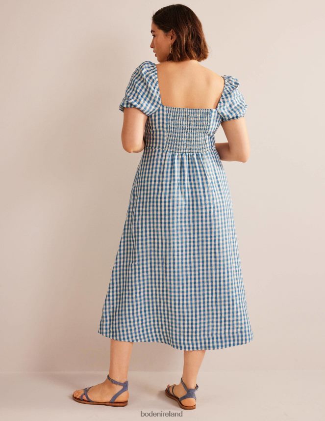 Delphinium Blue & Gingham Clothing Square Neck Linen Midi Dress Boden Women L466L665
