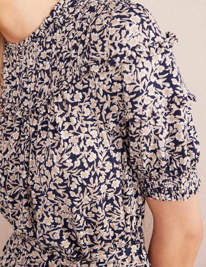 French Navy & Abstract Vine Clothing Yoke Detail Jersey Midi Dress Boden Women L466L61208