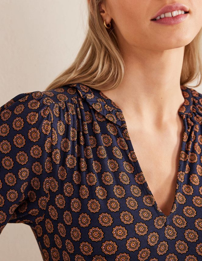 French Navy & Sunflower Geo Clothing Notch Neck Jersey Dress Boden Women L466L61185