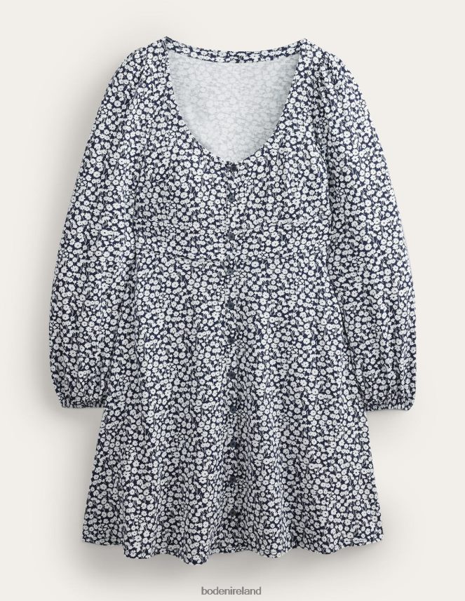 French Navy & Tulip Sprig Clothing Button Front Jersey Mini Dress Boden Women L466L62465