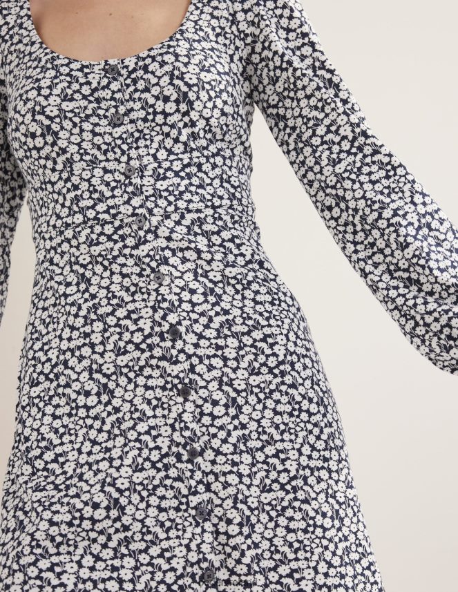 French Navy & Tulip Sprig Clothing Button Front Jersey Mini Dress Boden Women L466L62465