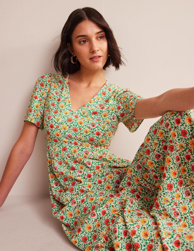 Green & Enchanting Bloom Clothing V-neck Tiered Maxi Dress Boden Women L466L6937