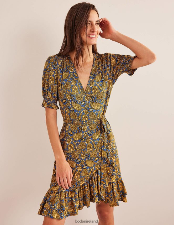 Harvest Gold & Paisley Terrace Clothing Ruffle Wrap Jersey Mini Dress Boden Women L466L62248