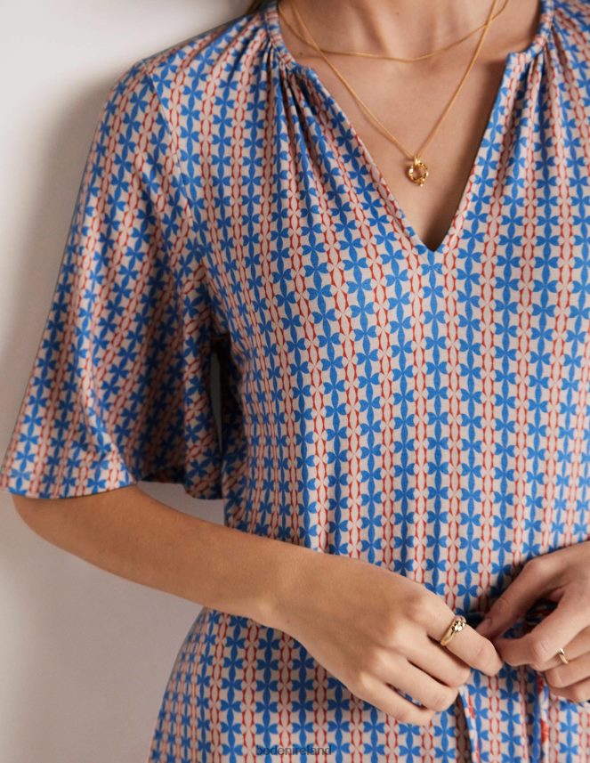 Mosaic Blue & Petal Geo Clothing Notch Neck Tiered Jersey Dress Boden Women L466L62102