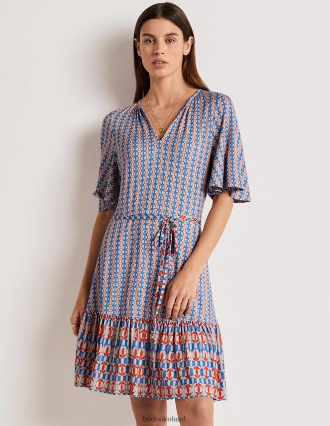 Mosaic Blue & Petal Geo Clothing Notch Neck Tiered Jersey Dress Boden Women L466L62102