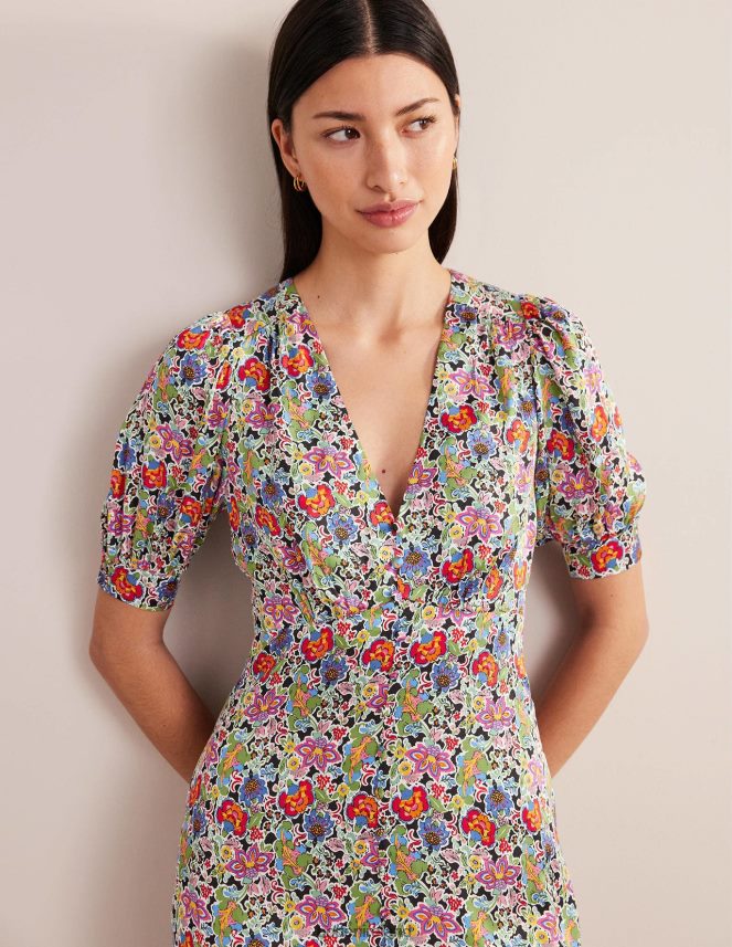 Multi & Carnation Garden Clothing Satin Midi Tea Dress Boden Women L466L62448