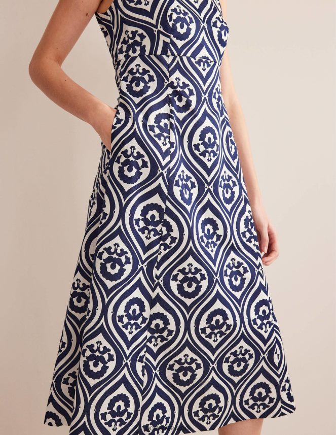 Navy & Geo Cascade Clothing Slash Neck Midi Dress Boden Women L466L6989