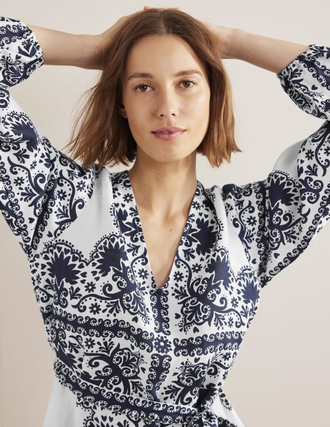 Navy & Milos Terrace Clothing V-Neck Tie Waist Mini Kaftan Boden Women L466L61184