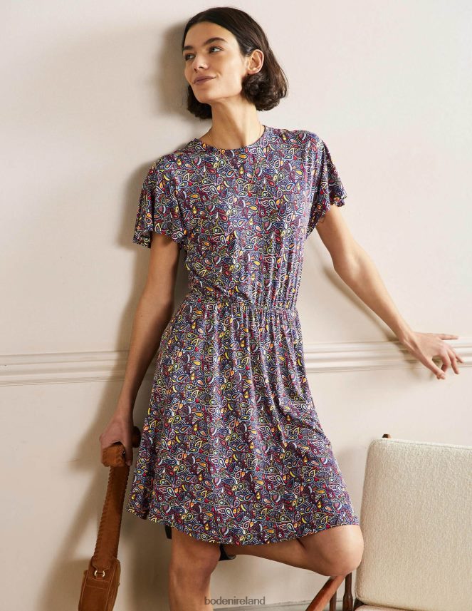 Navy Paisley Blush Clothing Flutter Sleeve Jersey Dress Boden Women L466L62403