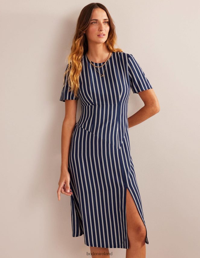Navy and Ivory Vertical Stripe Clothing Striped Asymmetric Midi Dress Boden Women L466L646