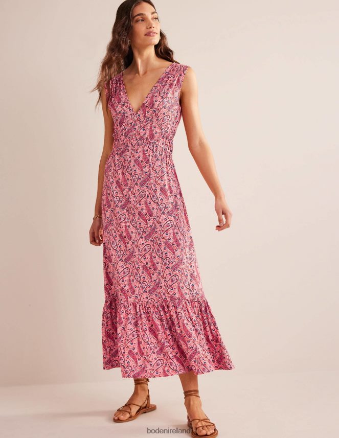 Pink Sherbet & Paisley Bloom Clothing Smocked Jersey Maxi Dress Boden Women L466L62257
