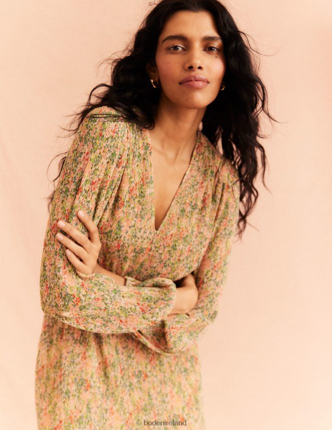 Popcorn & Gardenia Petal Clothing V-neck Plisse Midi Dress Boden Women L466L61109